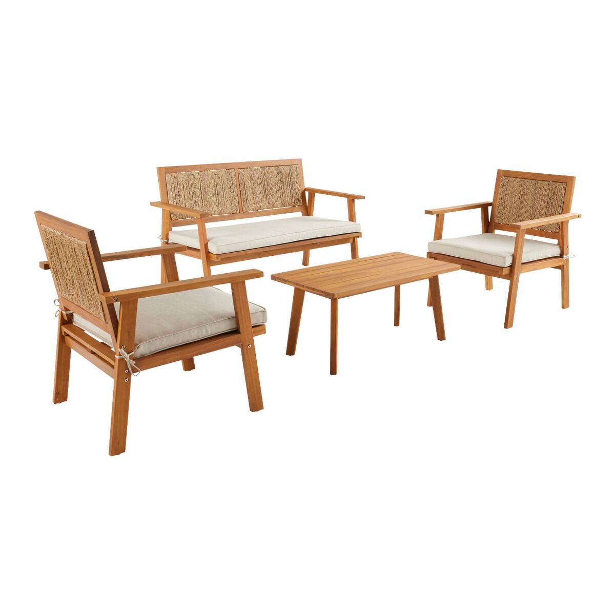 Conjunto de jardim com sofá em madeira e vime 4 lugares, bohemia, natural, 117x64x74 cm