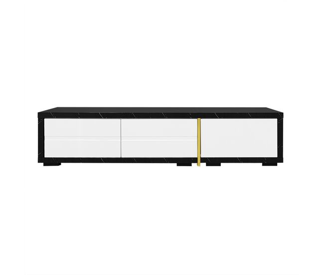 Suporte de tv ajustável em comprimento (140-260 cm) - 3 portas com dobradiças - aspeto de mármore preto - preto e branco