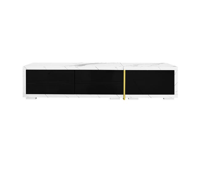 Suporte de tv ajustável em comprimento (140-260 cm) - 3 portas com dobradiças - aspeto de mármore branco - preto e branco