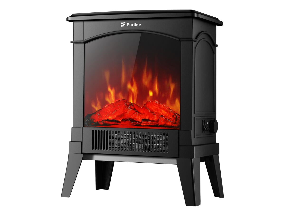 Lareira de chão em aço preto com um design retro com pernas e painel frontal em vidro temperado. duas potências 750/1500 w. comando mecânico.
