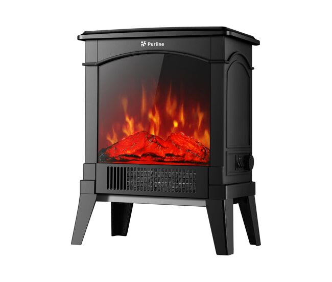 Lareira de chão em aço preto com um design retro com pernas e painel frontal em vidro temperado. duas potências 750/1500 w. comando mecânico.