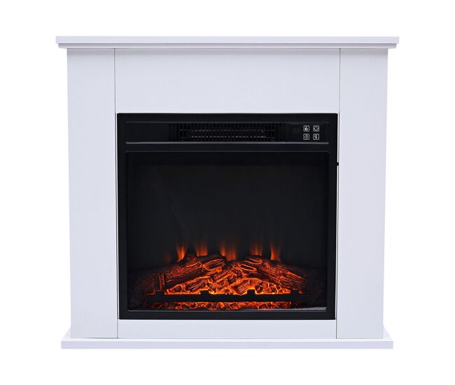 Lareira eléctrica imitando o design das lareiras clássicas de lea, com uma bela moldura de aço lacada a branco