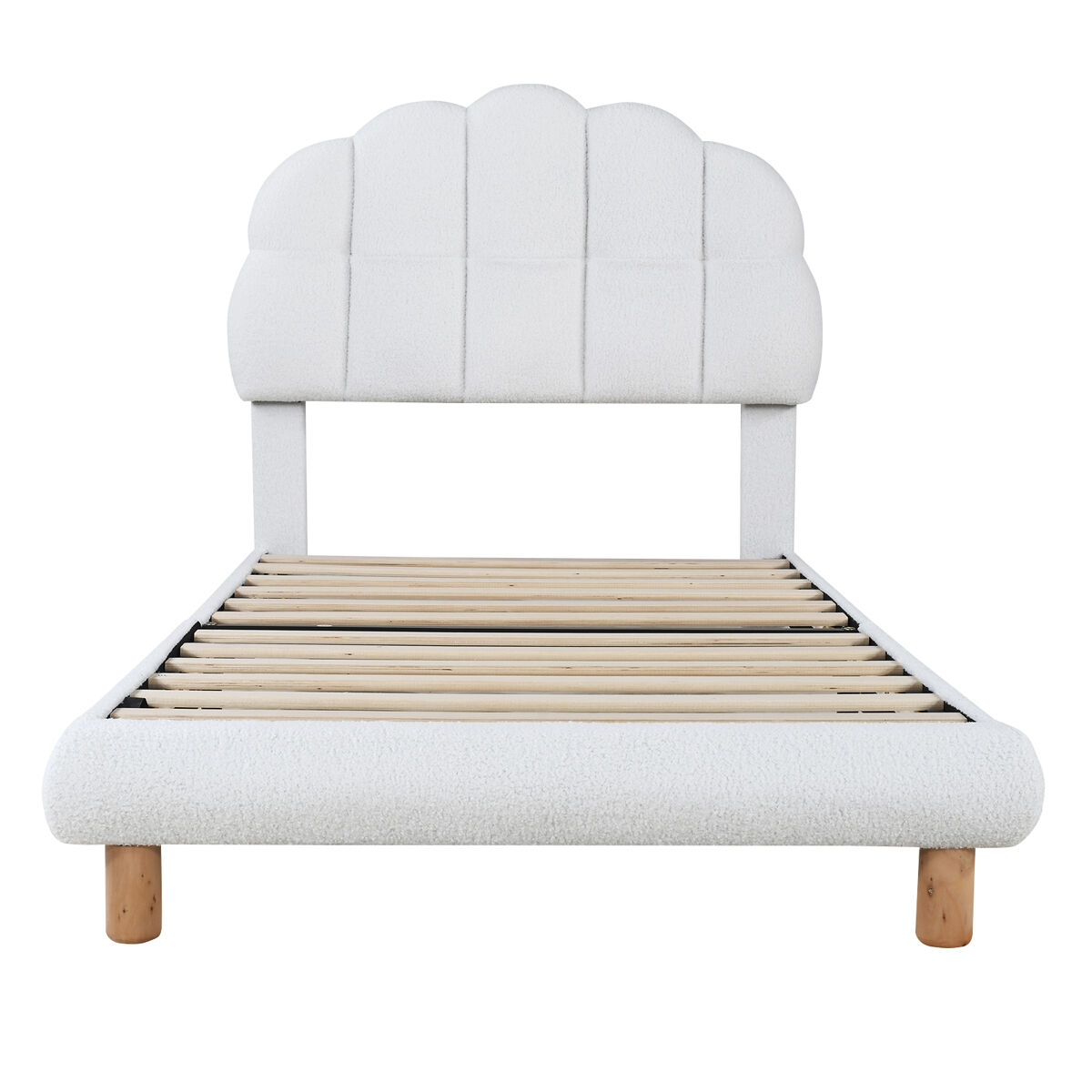 Cama de solteiro para criança 90x200cm estofada em tecido felpudo francês - cabeceira em forma de marshmallow - com estrado de ripas em mdf - branco