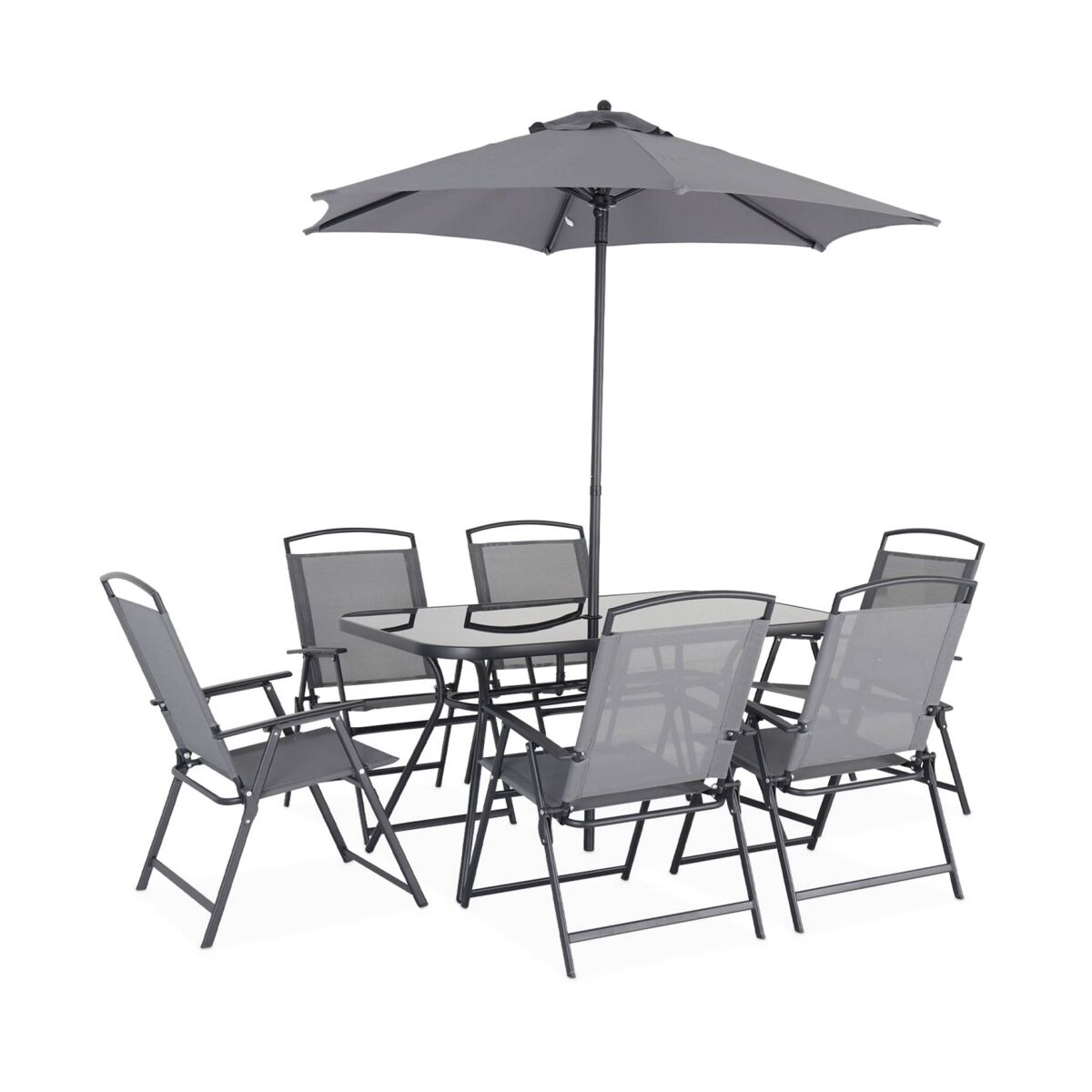 Mesa de jardim em aço, 6 poltronas e 1 guarda-sol, sonia, cinza, 140x80x71.5 cm