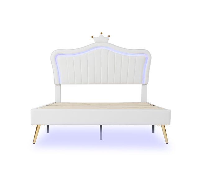 Cama de criança 140x200cm em pele sintética com led + cabeceira regulável + estrado - branco