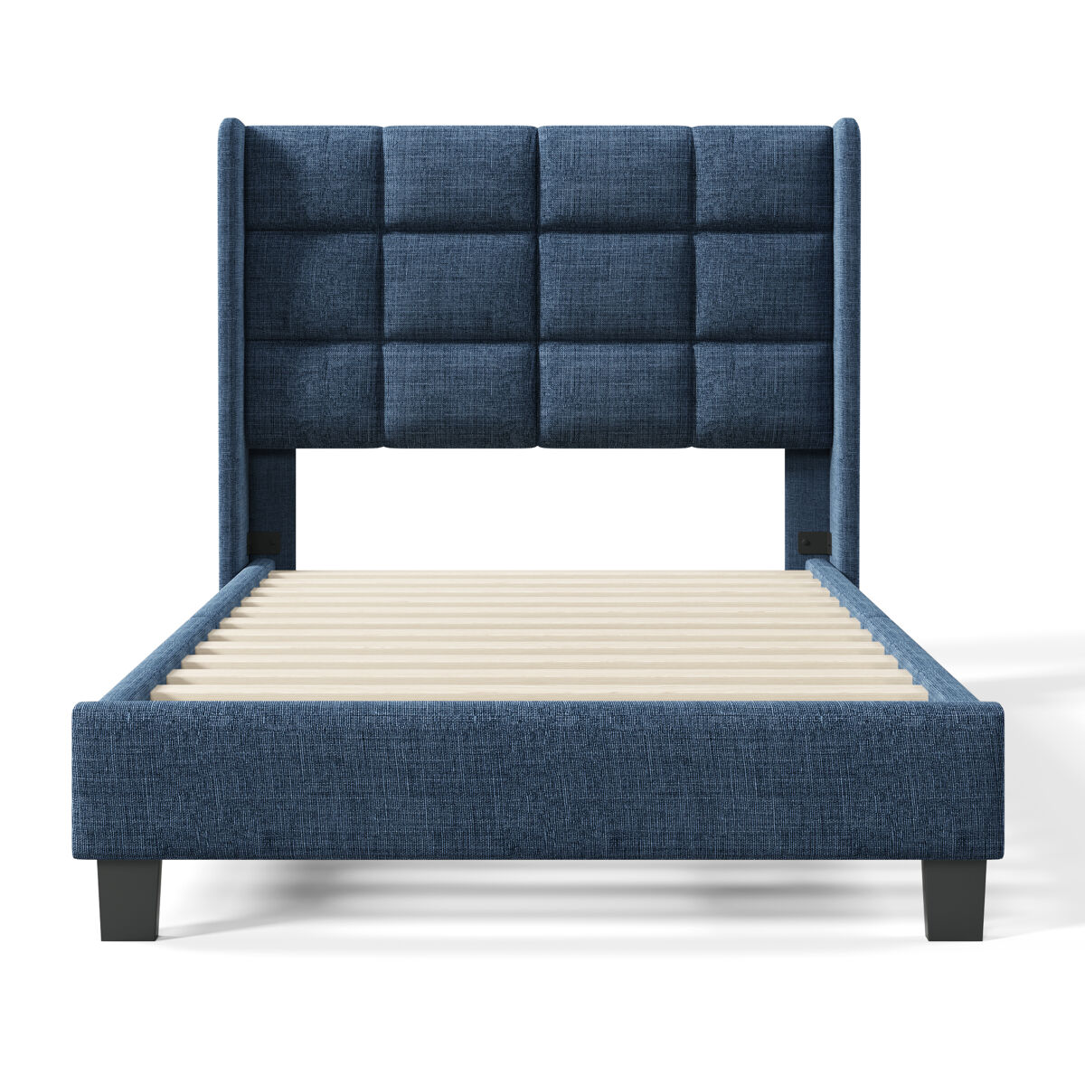 Cama estofada em tecido de linho - 90x200 cm - com cabeceira e estrado de molas - azul