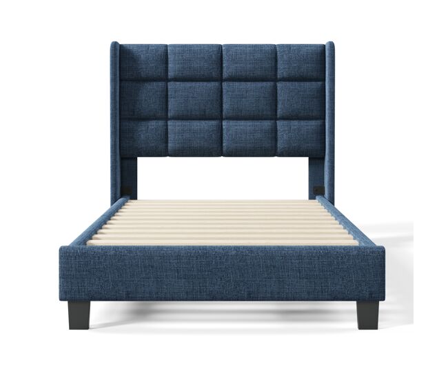 Cama estofada em tecido de linho - 90x200 cm - com cabeceira e estrado de molas - azul