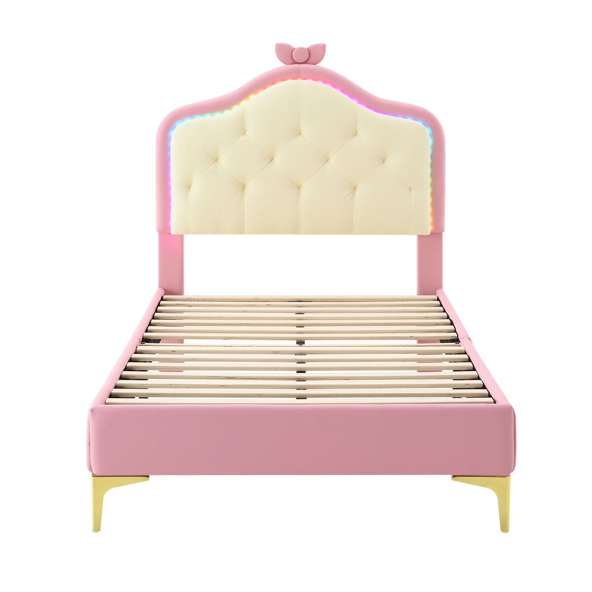 Cama de criança acolchoada com leds coloridos e laço na cabeceira - 90x200cm - com estrado de molas - rosa