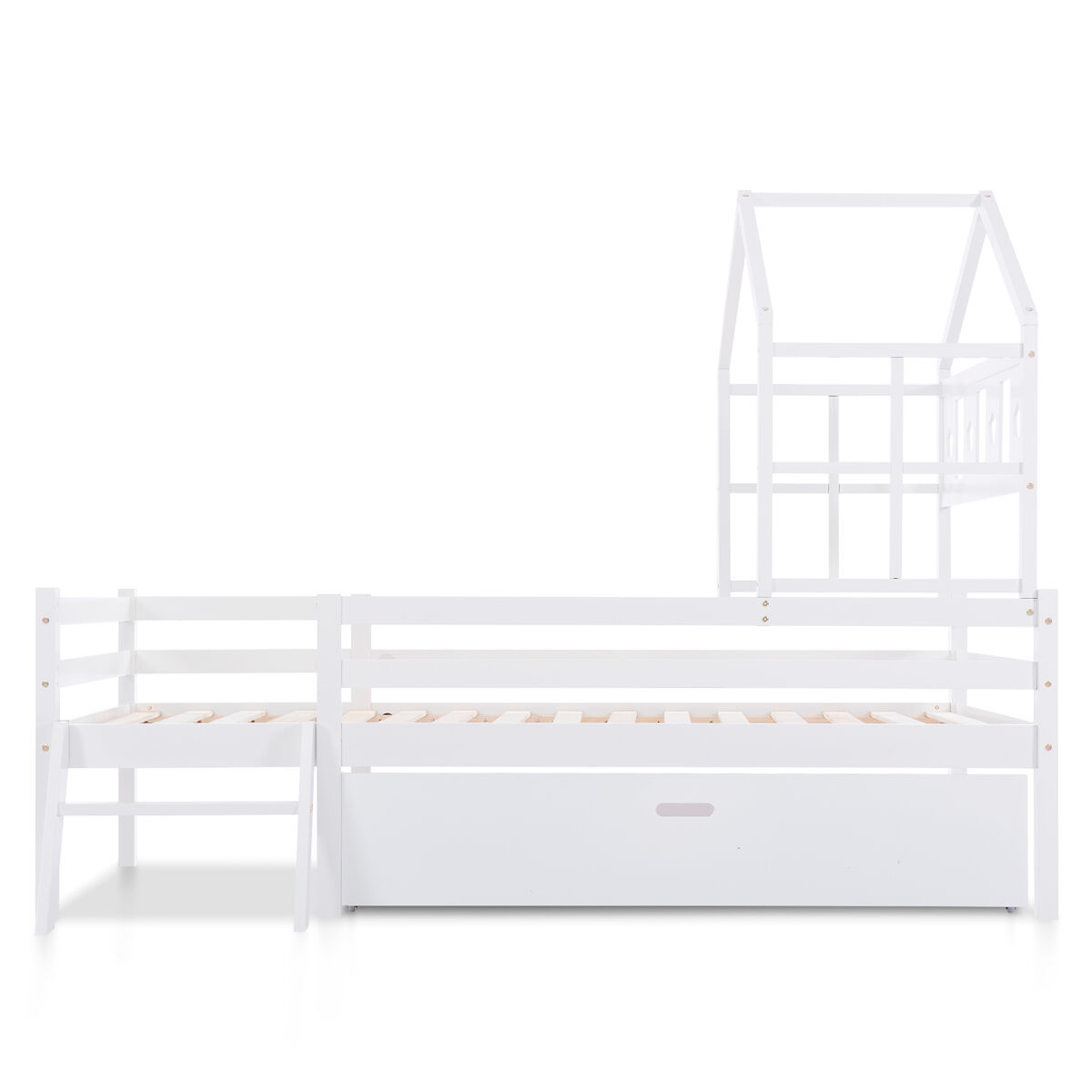 Cama de cabina 90x200cm - madeira maciça - com escada + gavetas + proteção anti-queda - branco