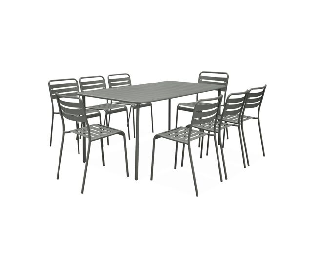 Mesa de jardim com 8 cadeiras de metal, amelia, verde caqui, 160x90x72.5 cm