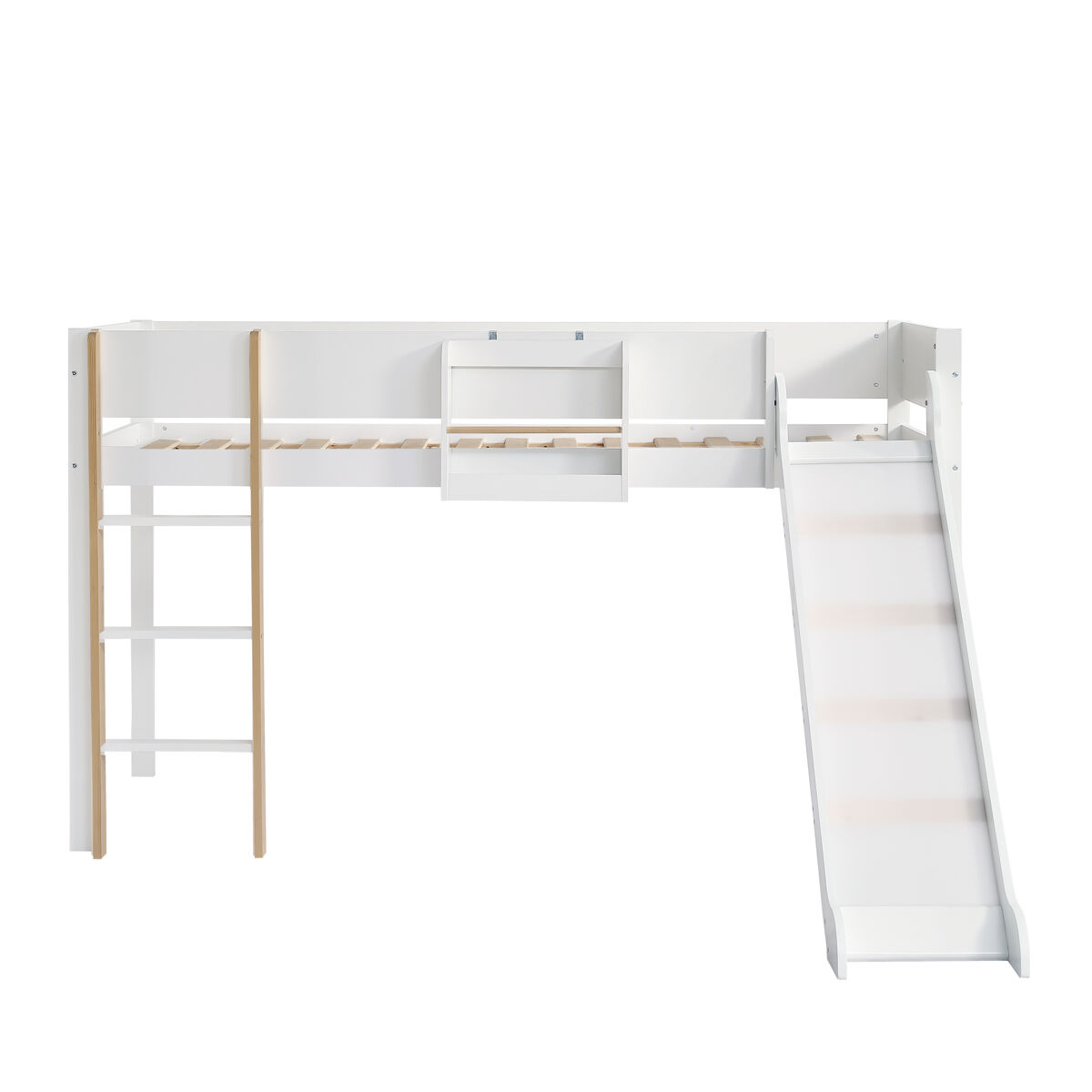 Cama alta 90x200 cm com prateleiras extraíveis - com escada e escorrega - em madeira de pinho e mdf - branco