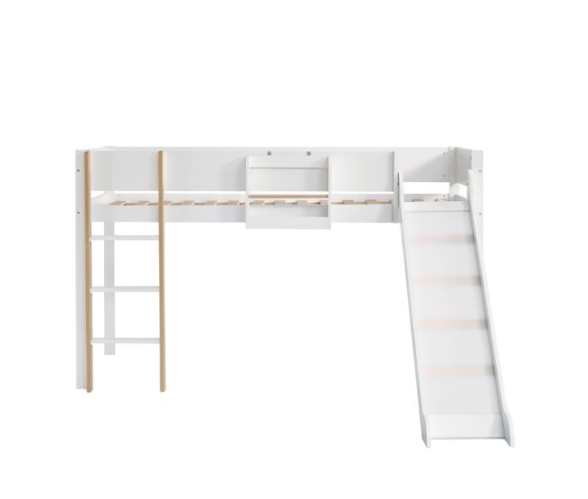 Cama alta 90x200 cm com prateleiras extraíveis - com escada e escorrega - em madeira de pinho e mdf - branco