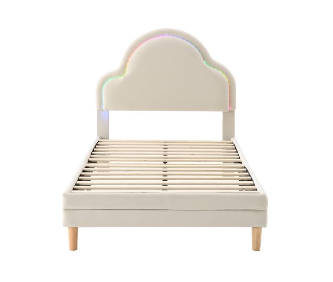 Cama de criança estofada em veludo com led em várias cores - cabeceira em forma de nuvem - estrado de ripas de madeira - 90x200cm - bege