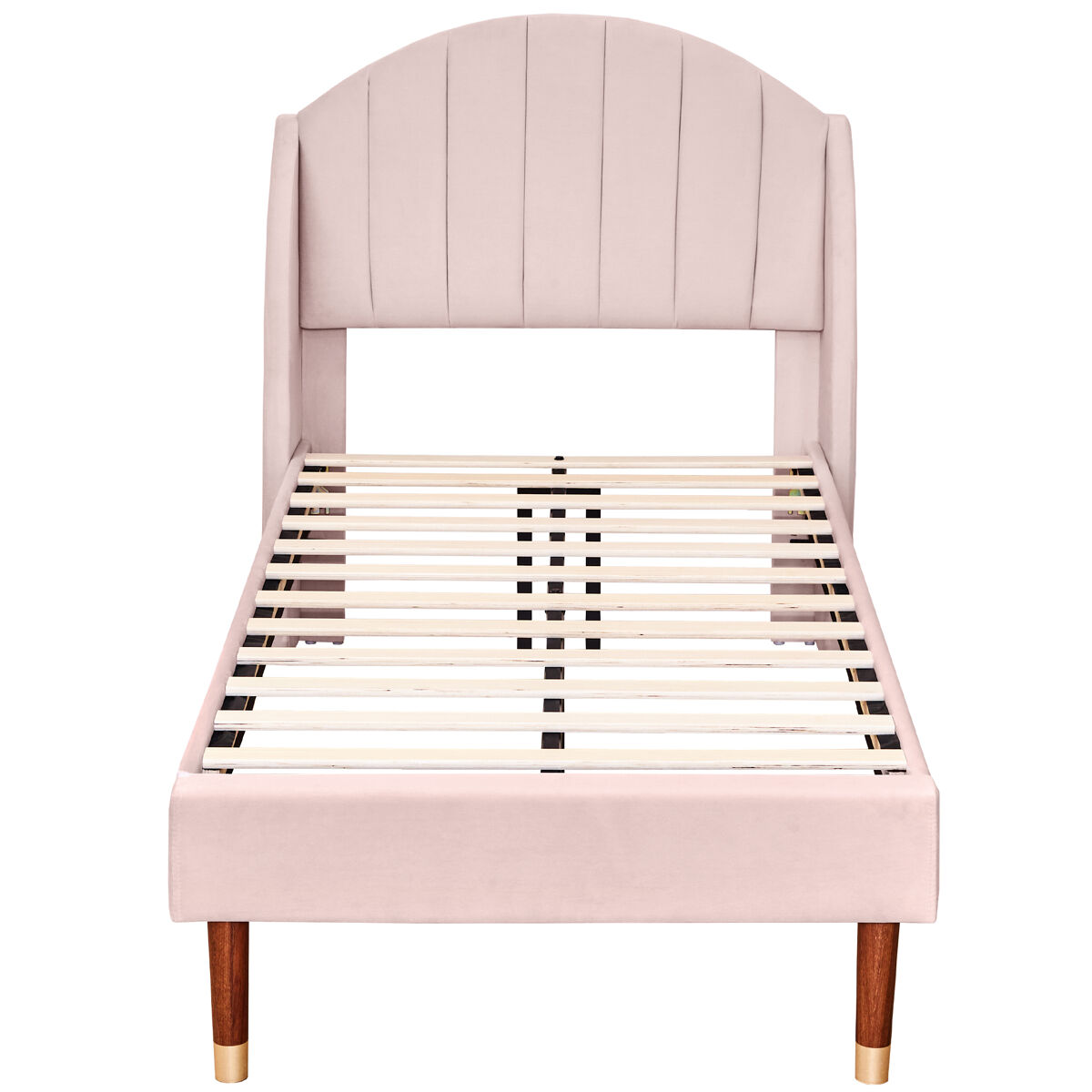 Cama estofada em veludo com estrado de ripas 90x200 cm - rosa