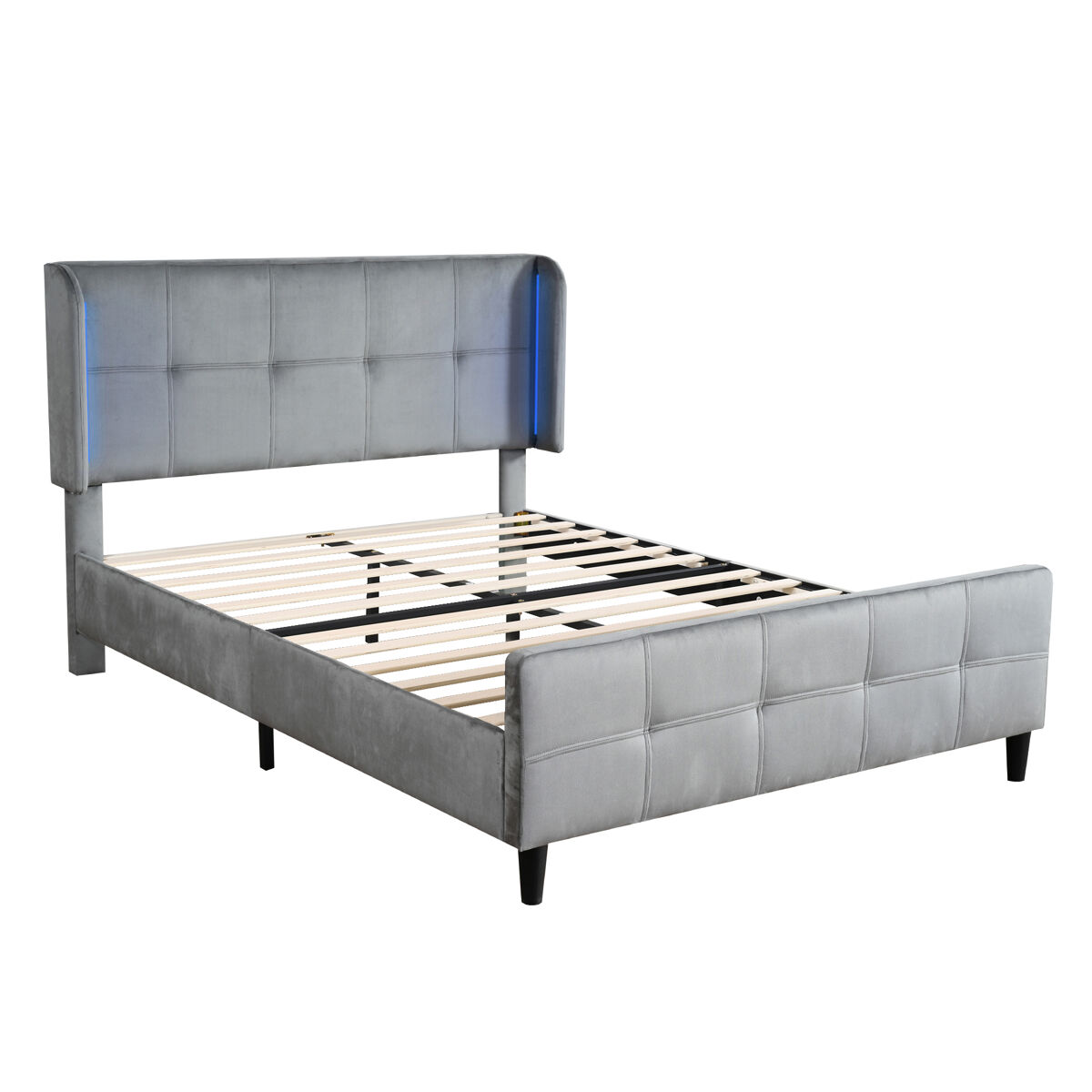 Cama de casal de veludo 140x200cm com luz led,cinzento