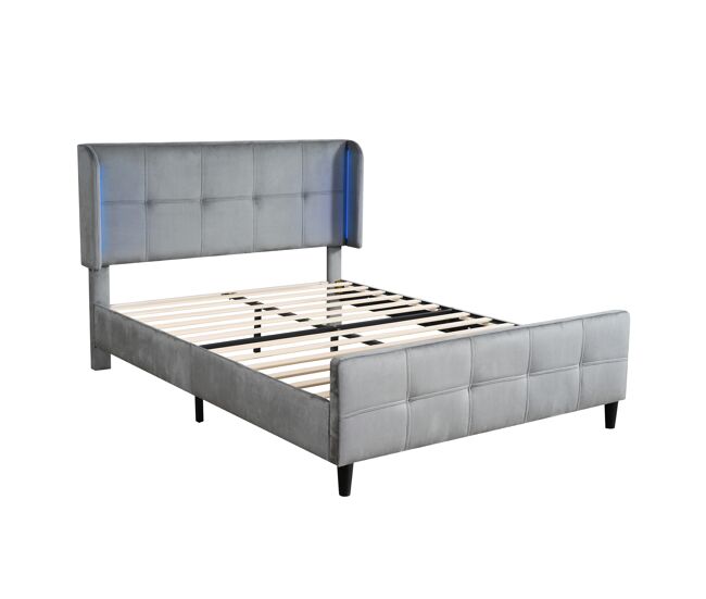 Cama de casal de veludo 140x200cm com luz led,cinzento