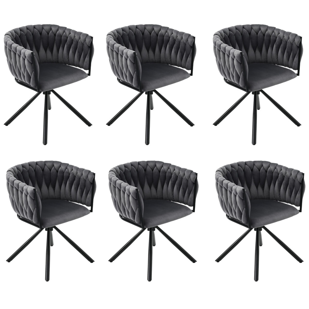 Conjunto de 6 cadeiras giratórias de veludo com braços - pernas de metal - cinzento