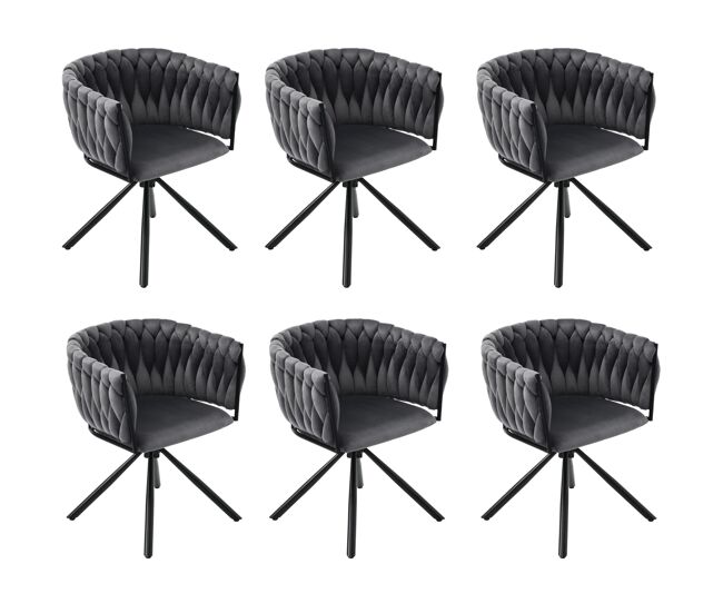 Conjunto de 6 cadeiras giratórias de veludo com braços - pernas de metal - cinzento