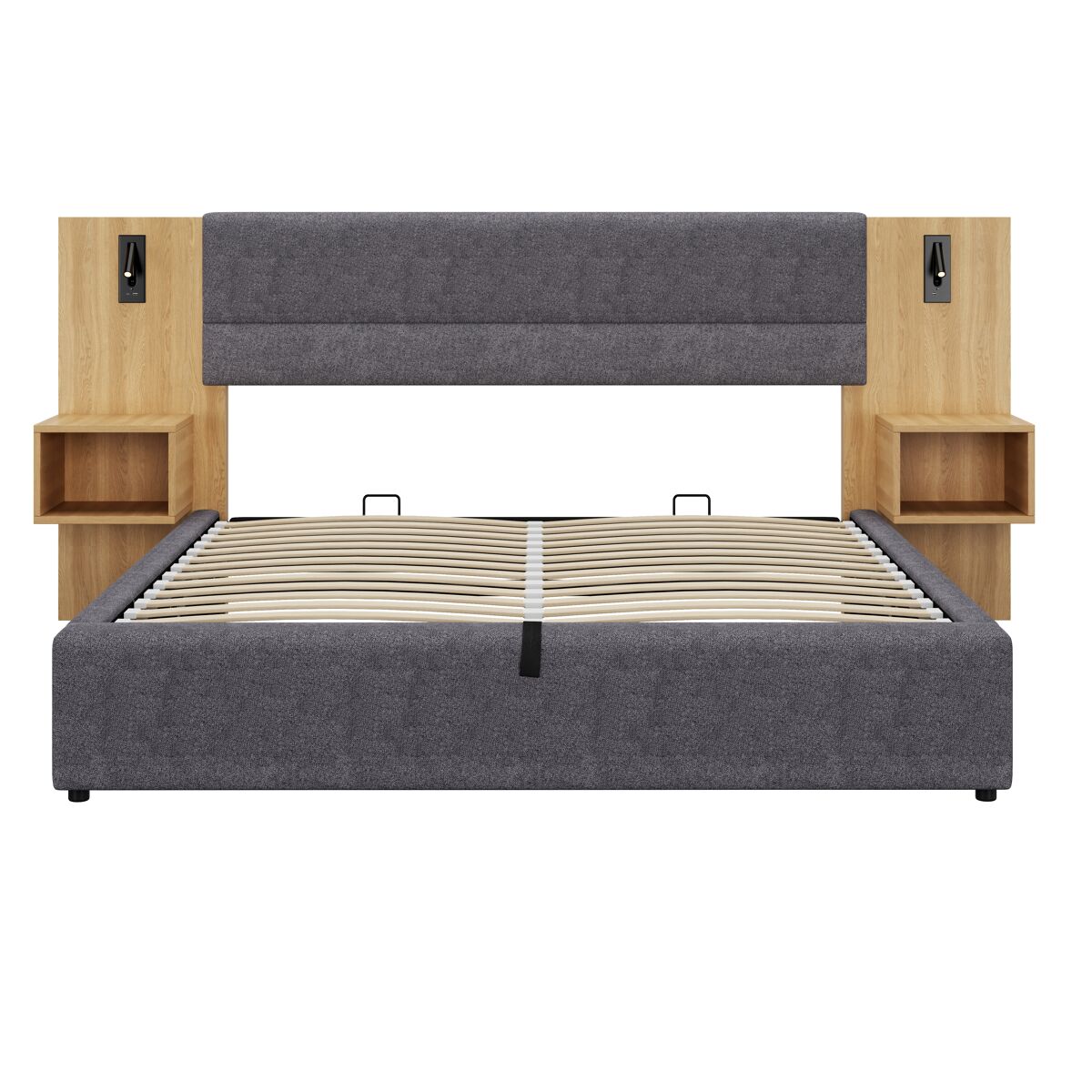 Cama grande para arrumação 160x200 cm estofada em veludo - com porta usb e led - 2 mesas de cabeceira - cinzento e natural
