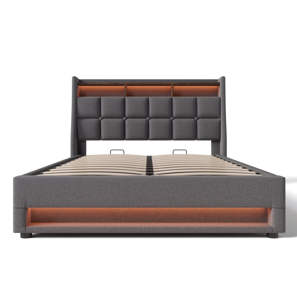 Cama para arrumação de roupa de cama 160x200cm com led e portas usb - estrado - cinzento