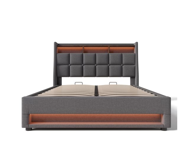 Cama para arrumação de roupa de cama 160x200cm com led e portas usb - estrado - cinzento