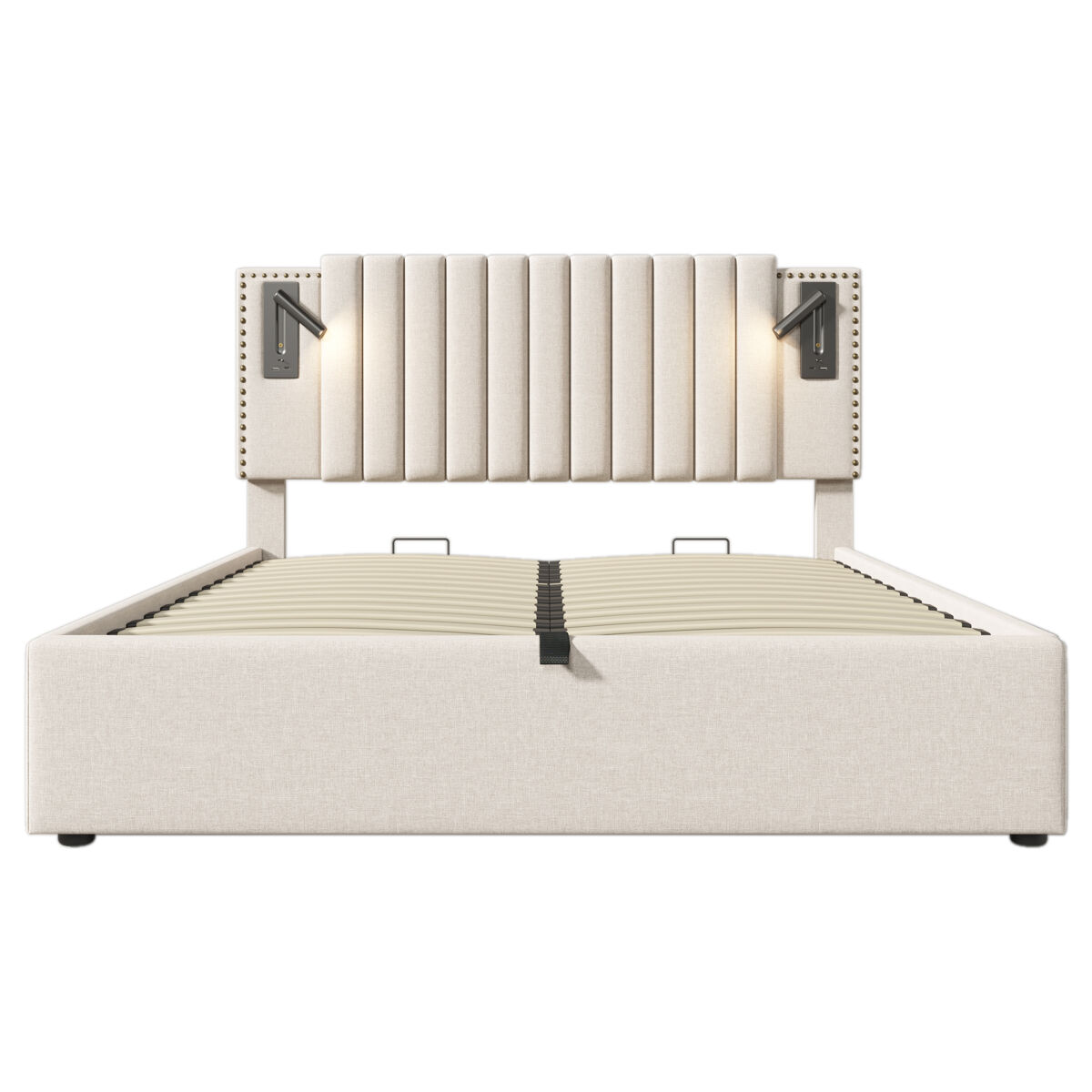 Cama contentora em tecido de algodão 140x200 cm - com luzes de leitura e portas de carregamento usb - com estrado de ripas - bege