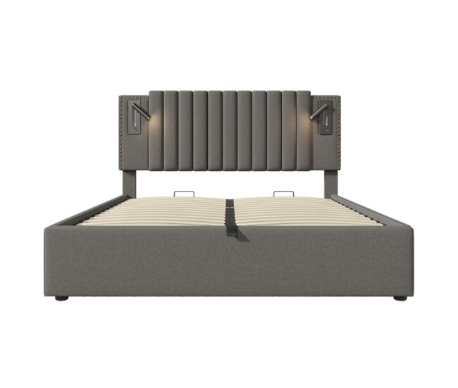 Cama contentora em tecido de algodão 160x200 cm - com luzes de leitura e portas de carregamento usb - com estrado de molas - cinzento