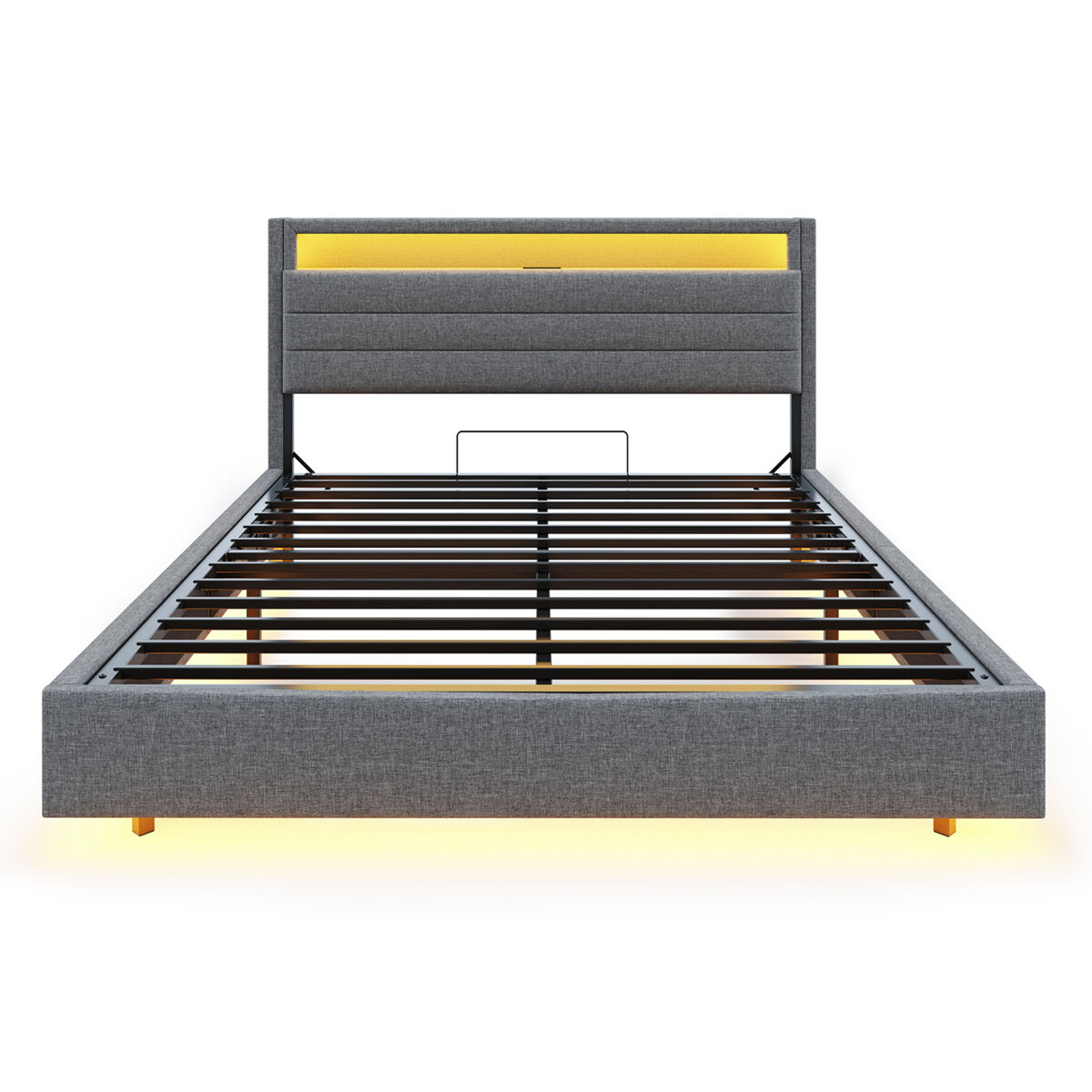 Cama contentora estofada em linho 160x200 cm - com tomada usb e led - cinzento