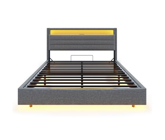 Cama contentora estofada em linho 160x200 cm - com tomada usb e led - cinzento