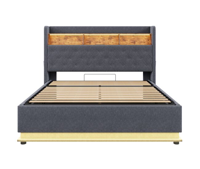 Lit en lin avec canapé de 180x200 cm - avec led et prises usb - gris