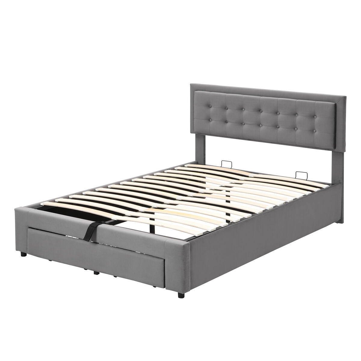 Cama contentor estofada em veludo 140x200cm - com gaveta e estrado de molas - cinzento (sem colchão)
