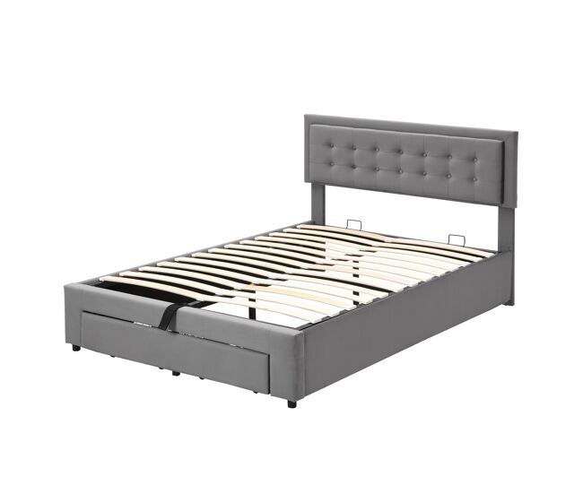 Cama contentor estofada em veludo 140x200cm - com gaveta e estrado de molas - cinzento (sem colchão)