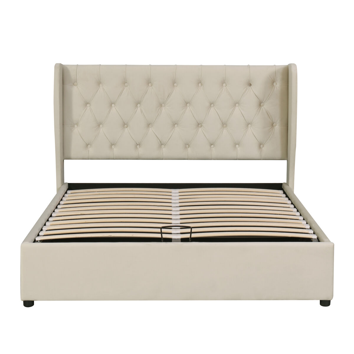 Cama de contentor estofada em veludo 180x200 cm com estrado de ripas - bege
