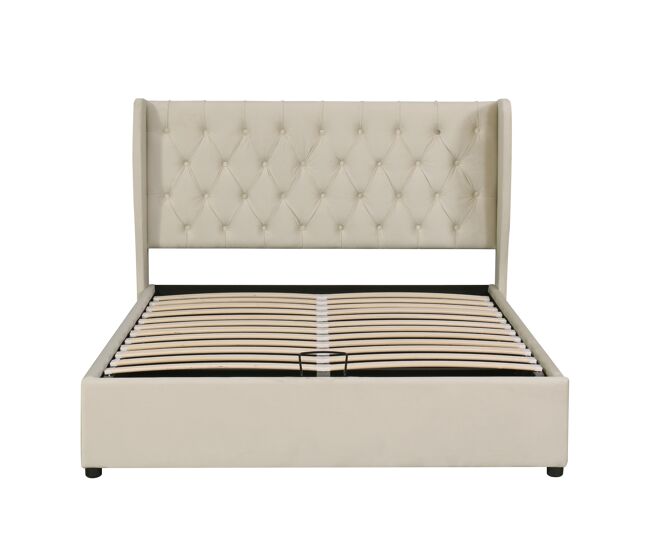 Cama de contentor estofada em veludo 180x200 cm com estrado de ripas - bege