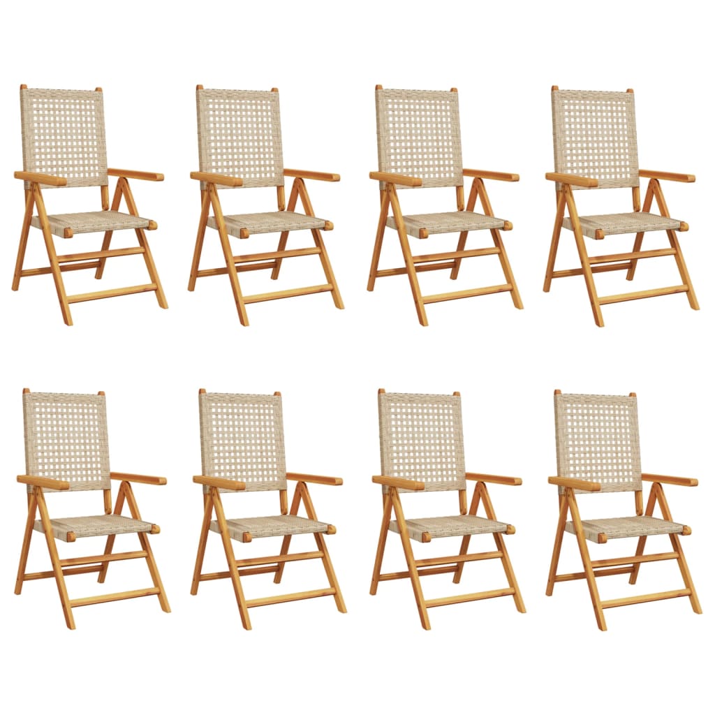 Vidaxl cadeiras jardim reclináveis 8 pcs vime pe/madeira maciça bege