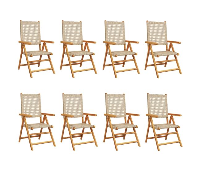 Vidaxl cadeiras jardim reclináveis 8 pcs vime pe/madeira maciça bege