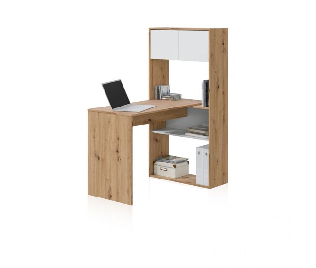 Mesa de escritório multiposição com prateleira 112 x 50 cm dess artik branco (branco mate) - carvalho nodi 108 x 140 x 70 cm