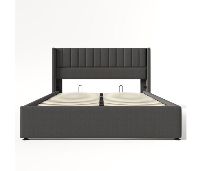 Cama contentora estofada em linho 160x200 cm com estrado de ripas - cinzento