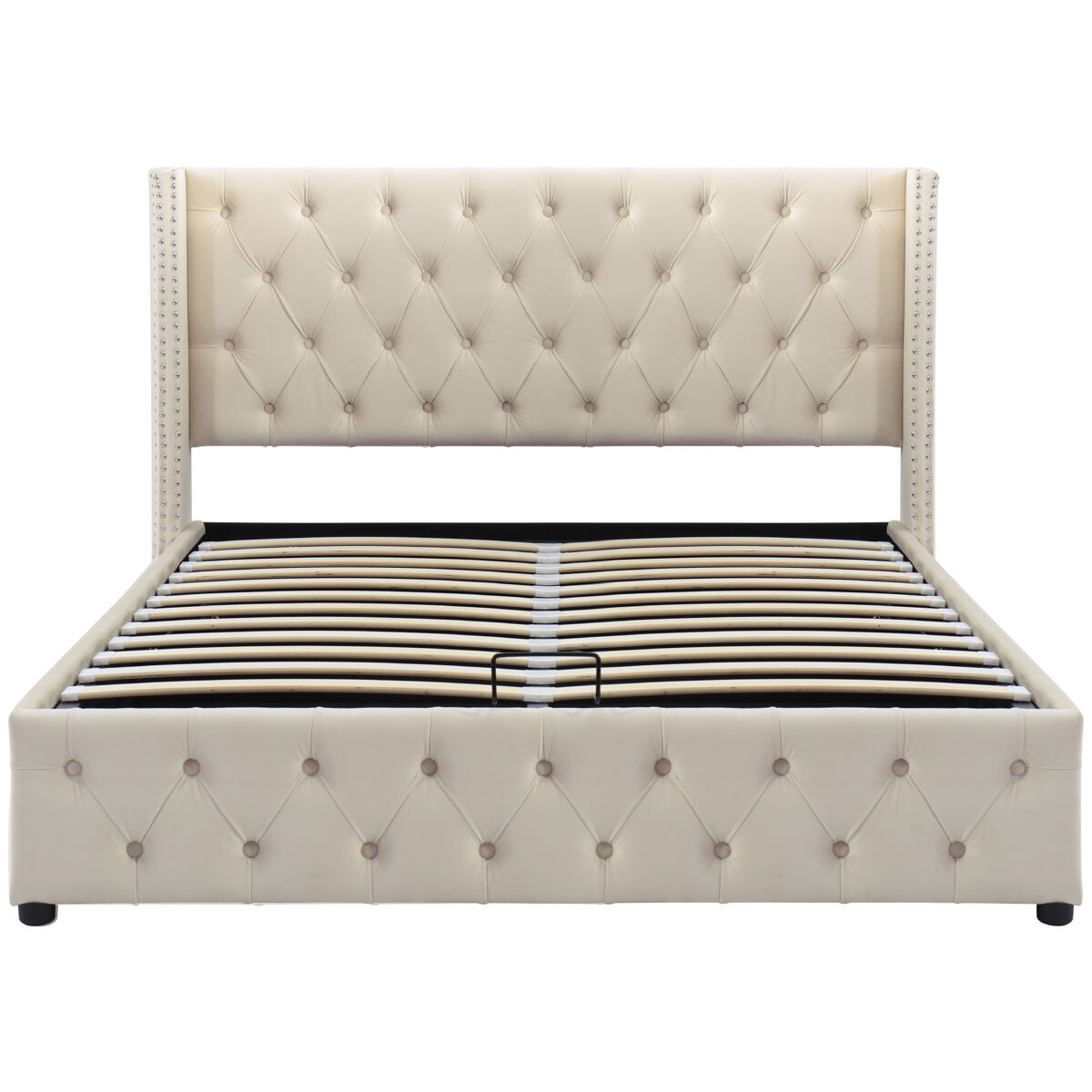 Cama de arrumação em veludo com estrado de ripas 140x200 cm - bege