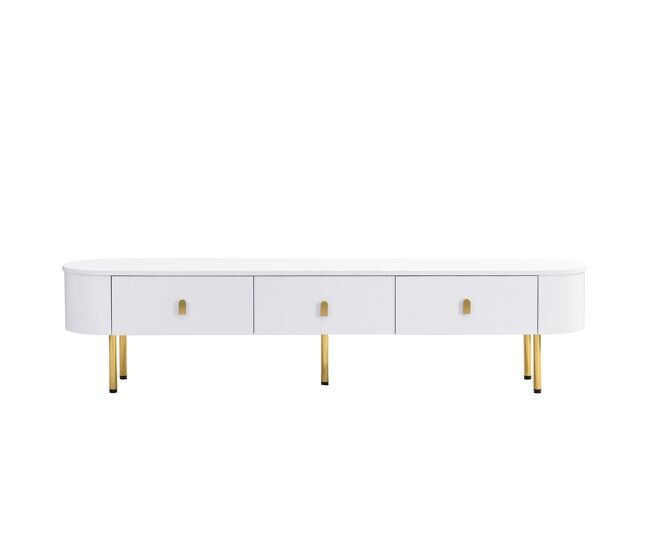 Móvel tv moderno - 3 gavetas com pegas e pernas douradas - branco