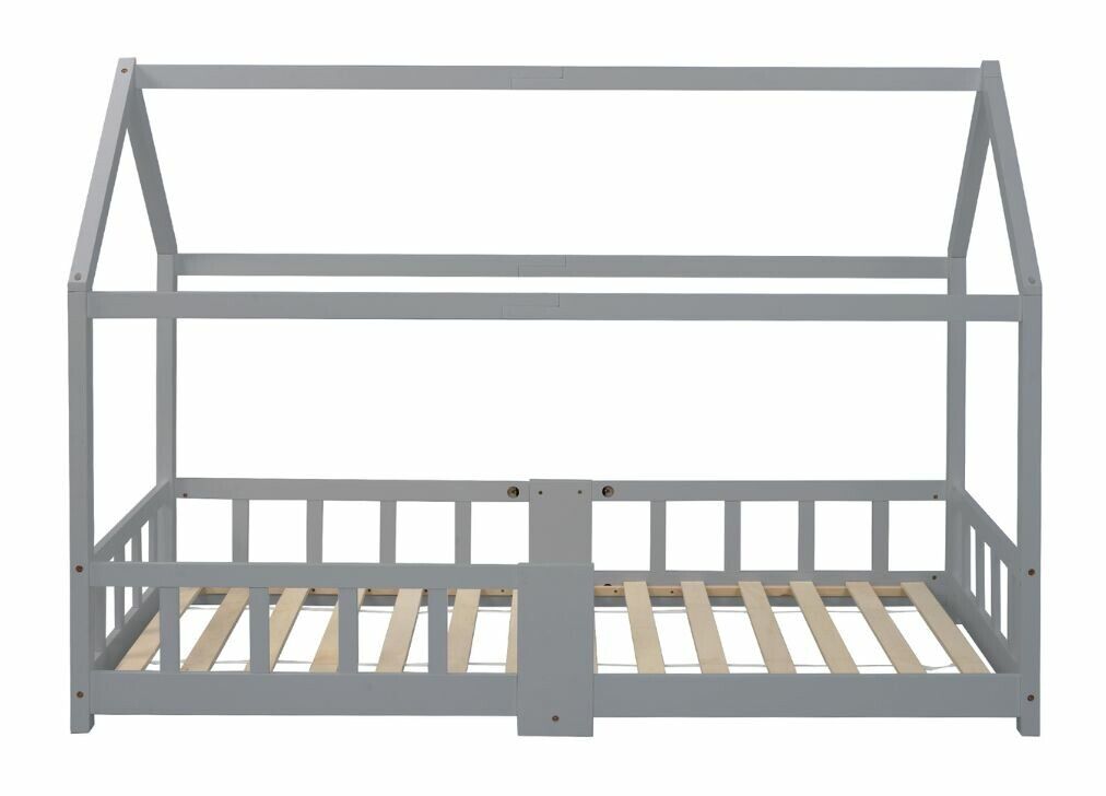 Cama de criança em madeira de pinho cinzento, formato de casa, com estrado de ripas e quadro preto 90 x 200 cm (sem colchão) drakrie