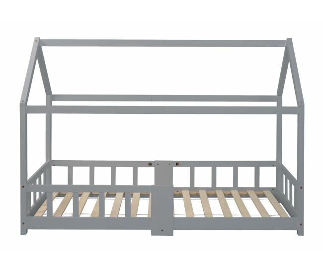 Cama de criança em madeira de pinho cinzento, formato de casa, com estrado de ripas e quadro preto 90 x 200 cm (sem colchão) drakrie