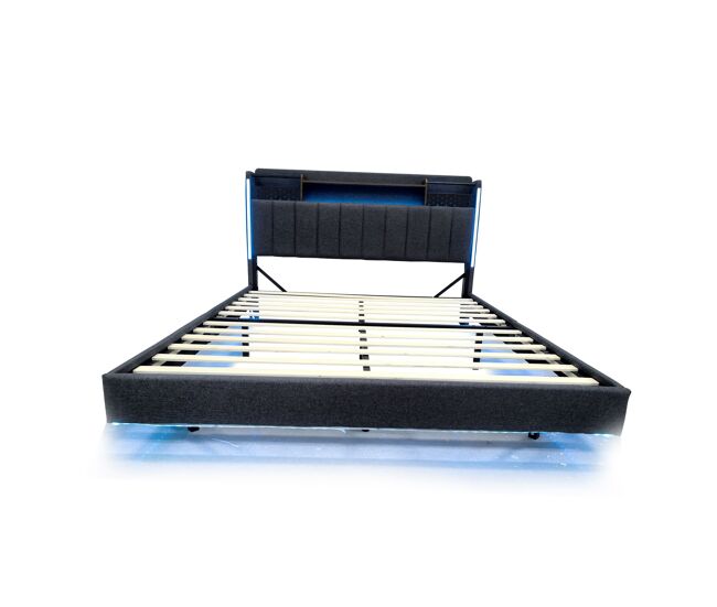 Cama em tecido de linho 140x200 cm - com tomada usb e estrado - cinzento
