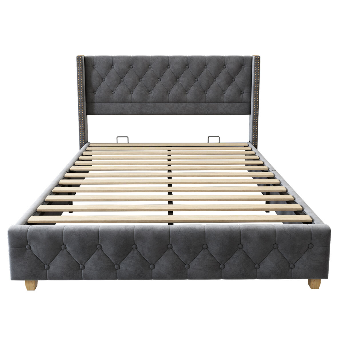 Cama de adulto estofada em veludo - 160x200 cm - com estrado de molas - cinzento