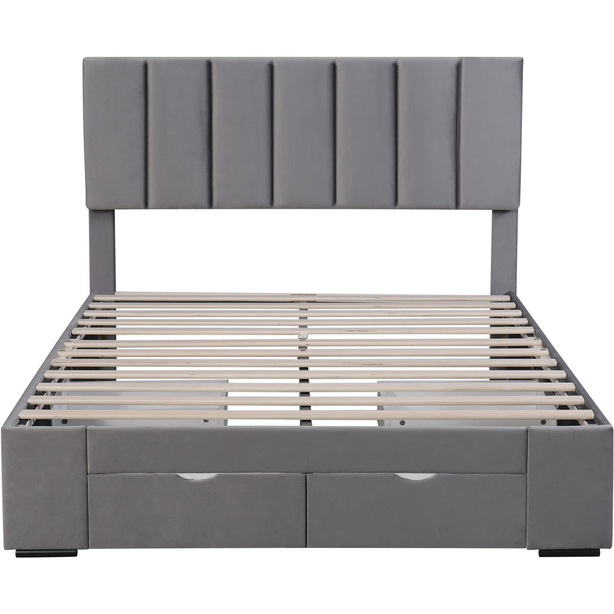 Cama de adulto estofada em veludo 140x200 cm com 4 gavetas + cabeceira regulável + estrado de molas - cinzento