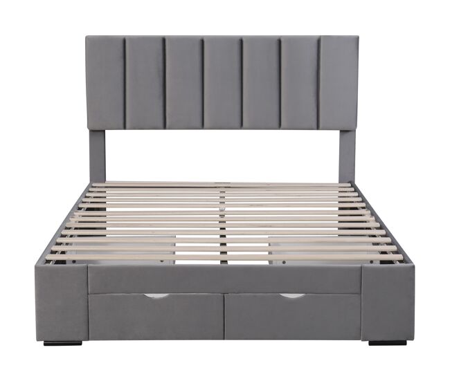 Cama de adulto estofada em veludo 140x200 cm com 4 gavetas + cabeceira regulável + estrado de molas - cinzento