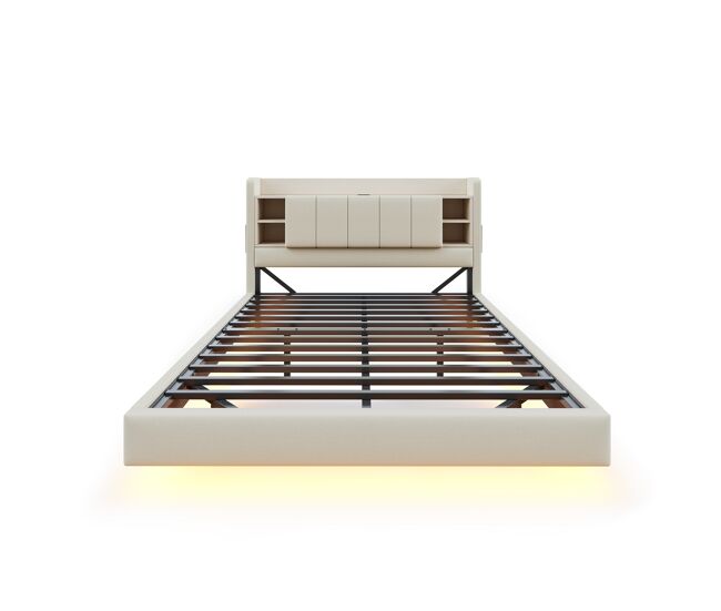 Cama estofada em linho 160x200 cm - com tomada usb + led - com base metálica - bege