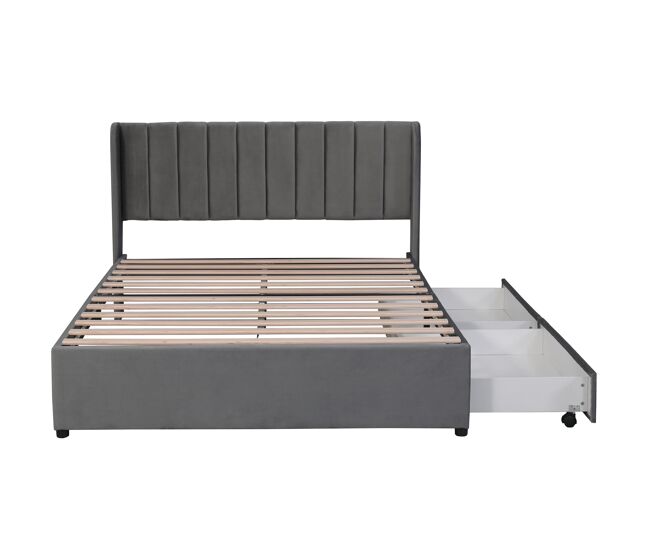 Cama 140x200cm com 2 gavetas - estofo em veludo - estilo moderno - cinzento