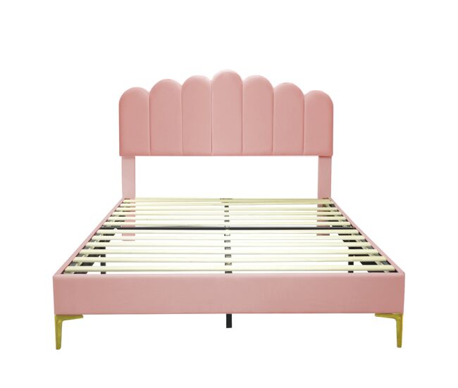Cama estofada em veludo 140x200cm com estrado de ripas - cabeceira regulável - rosa