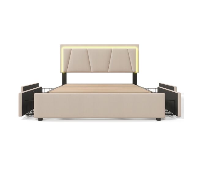 Cama estofada 140x200cm em linho - com 2 gavetas + led + estrado - bege